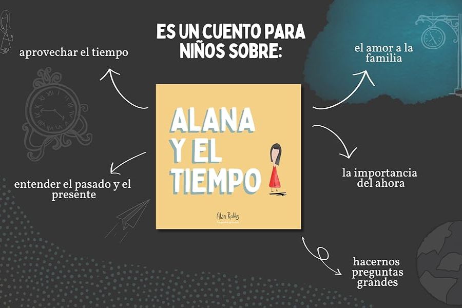 Ilustraci&oacute;n del libro Alana y el tiempo de Alan Robles, con elementos visuales relacionados con el tiempo, la familia y la reflexi&oacute;n.