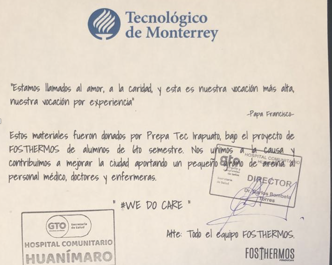 Carta que redactó el equipo Fosthermos para cada hospital.