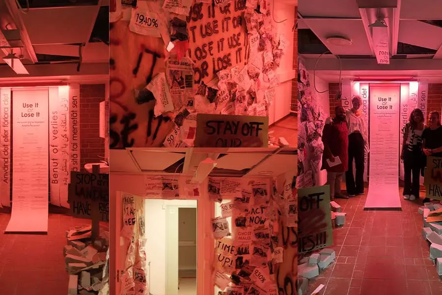 Collage de fotos de una exposici&oacute;n montada en un edificio abandonado. Todas est&aacute;n iluminadas con una luz roja. 