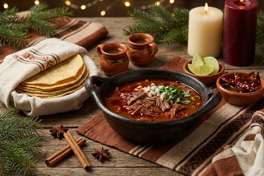 Birria tradicional del Bajío servida en cazuela de barro, acompañada de tortillas, cebolla, cilantro y toque navideño mexicano