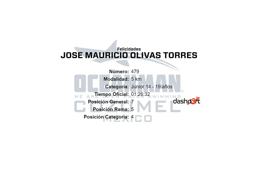 Certificado otorgado a José Mauricio Olivas por su participación en la competencia clasificatoria de aguas abiertas