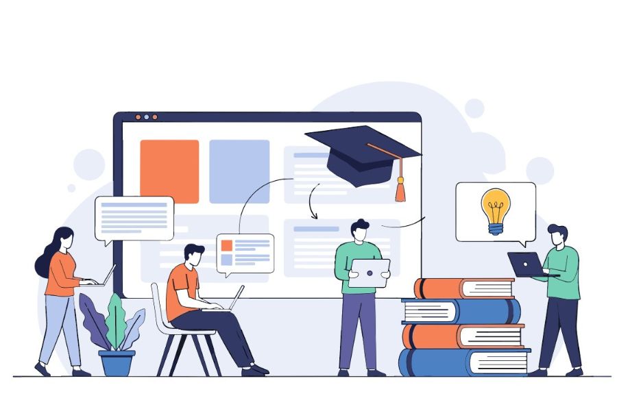 Ilustración sobre educación digital y aprendizaje en línea, con diseño instruccional, tecnologías educativas y certificaciones académicas.