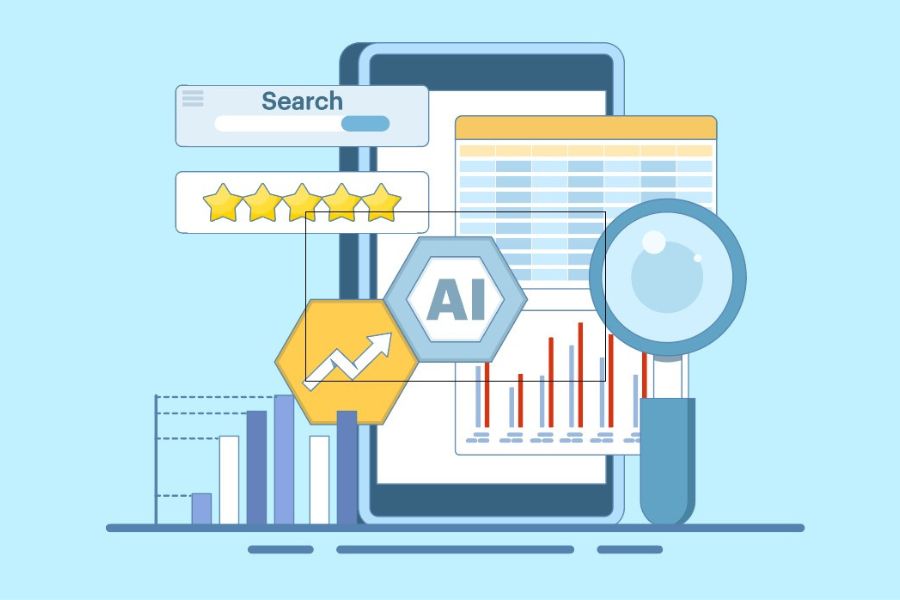 Ilustración sobre cursos de inteligencia artificial con análisis de datos, gráficos, métricas y uso de IA en entornos digitales.