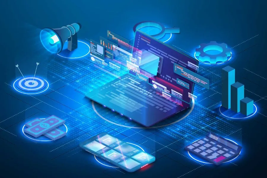 Ilustración sobre marketing digital y estrategia online con análisis de datos, métricas, automatización y toma de decisiones en entornos digitales.