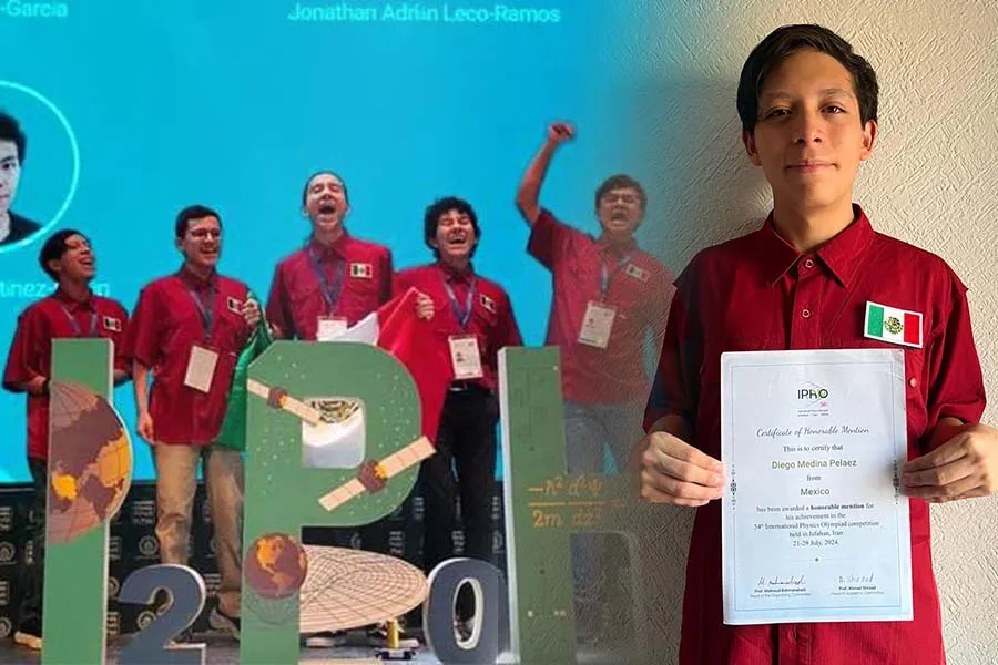 Diego Medina con su reconocimiento de mención honorífica y sus compañeros de la delegación mexicana