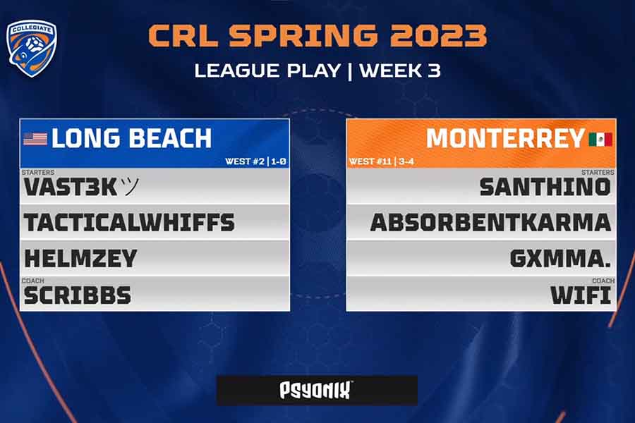 Imagen de partida entre Borregos Monterrey de Rocket League contra Long Beach. 