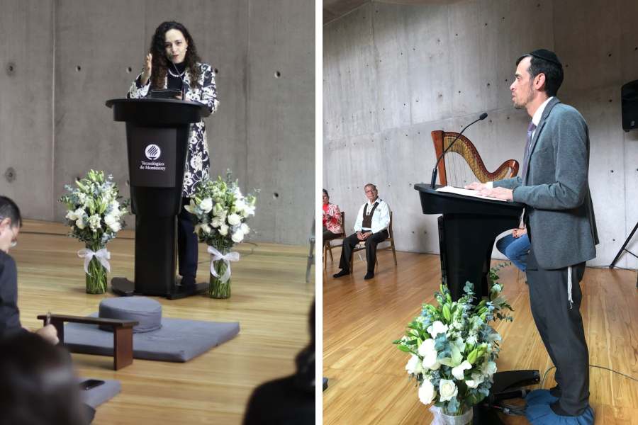 La decana nacional de Humanidades y Educación del ]Tec de Monterrey, Judith Ruiz (izq.) y el rabino Itzik Kempe (der.) en el diálogo interreligioso celebrado en el Espacio de Reflexión en el campus Monterrey.