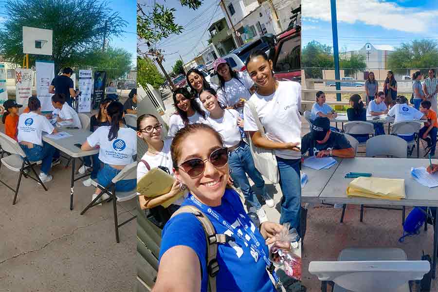 Estudiantes de Psicología del Tec de Monterrey, campus Delicias, brindando atención y apoyo comunitario en una jornada de salud mental al aire libre.