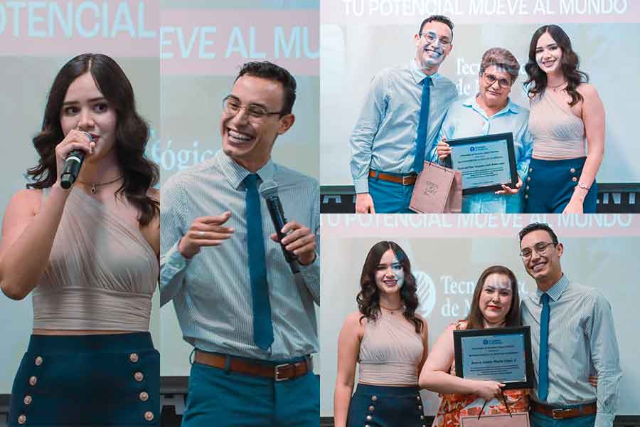 Priscila Grado y Fabián Calderón, EXATEC y egresados del COBACH, compartiendo sus experiencias y historias de éxito en el evento de cierre.