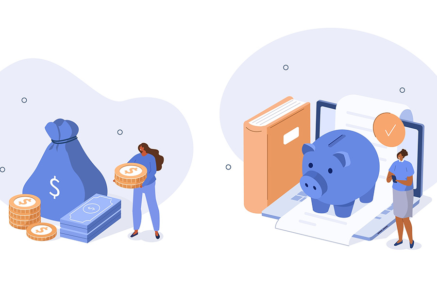 ilustración, hombre y mujer revisando sus finanzas