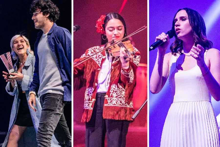 Los ganadores del Festival de la Canción 2023 del Tec: de izquierda a derecha Mariana López y Pablo Jordan; Naarai Reyes; y Erika Salazar