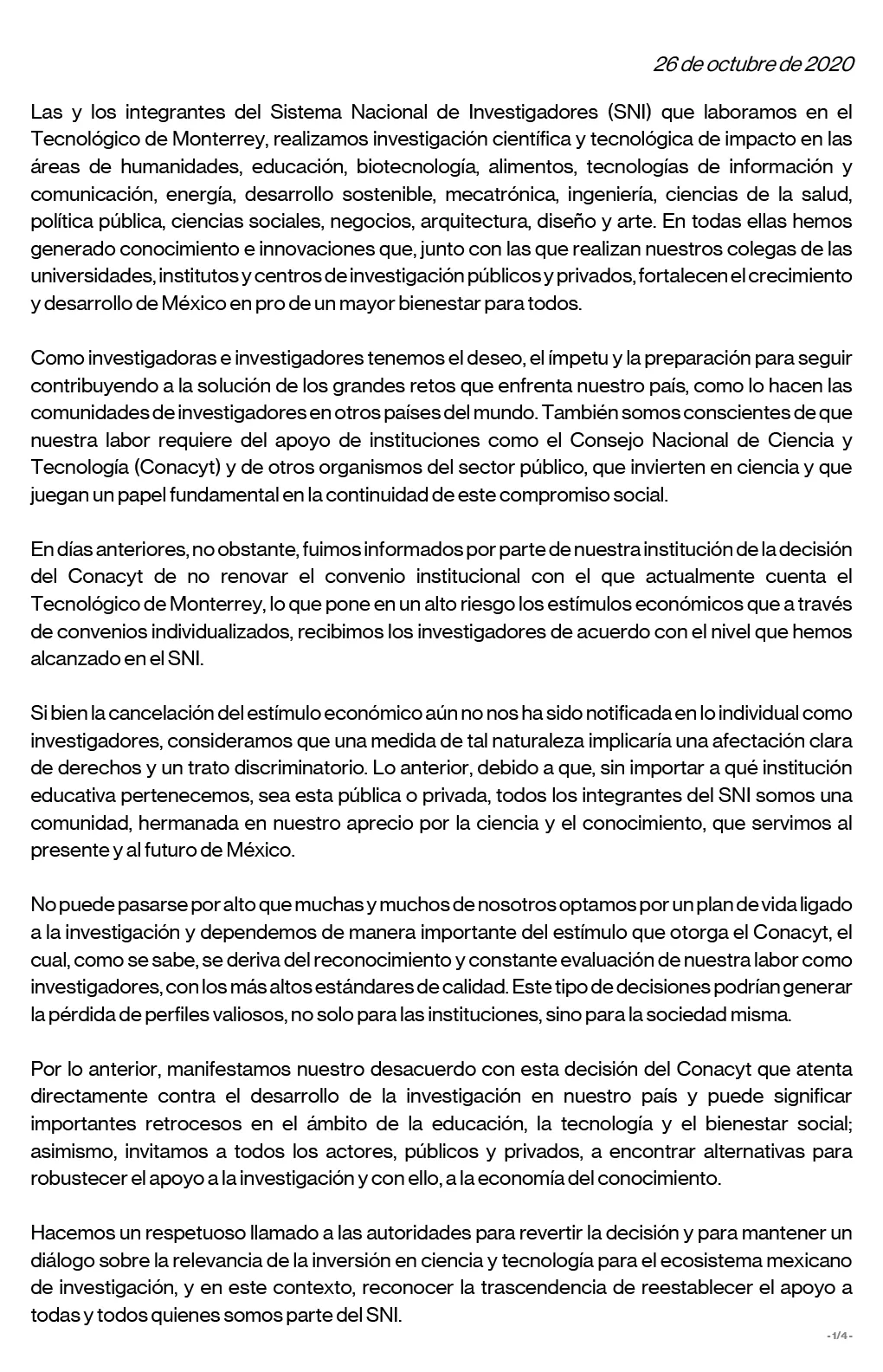 Carta de investigadores SNI al Tec