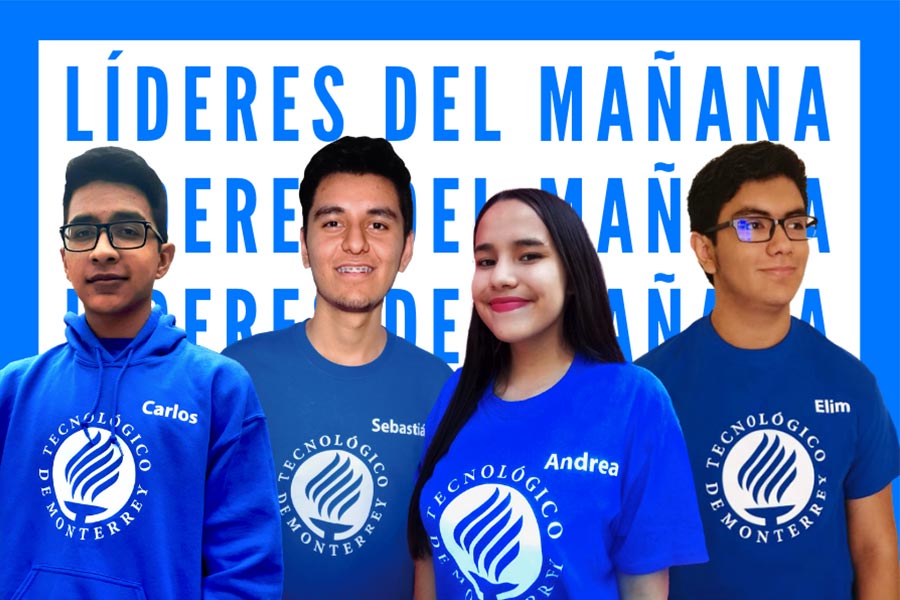 Líderes del mañana 7ma generación slp: Carlos, Sebastián, Andrea y Elim, con la playera de líderes del mañana