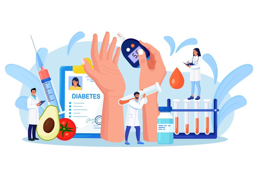 Ilustración de especialstas en salud con elementos relacionados a la diabetes: estudios, gitas de sangre, alimentos, etc