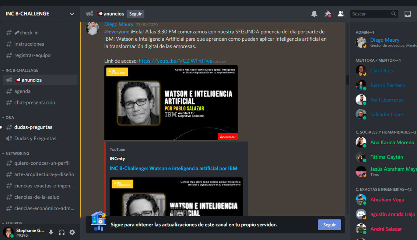 Plataforma de Discord el cual fue el método de comunicación entre los equipos multidisciplinares en el B-Challenge 2020