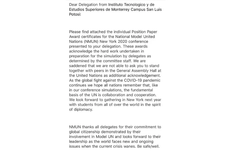 Mail notificando a la delegación a cerca del reconocimiento obtenido