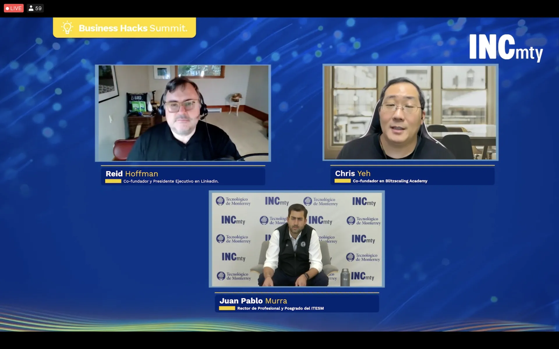 Reid Hoffman, Juan Pablo Murra y Chris Yeh durante el panel en INCmty 2021.