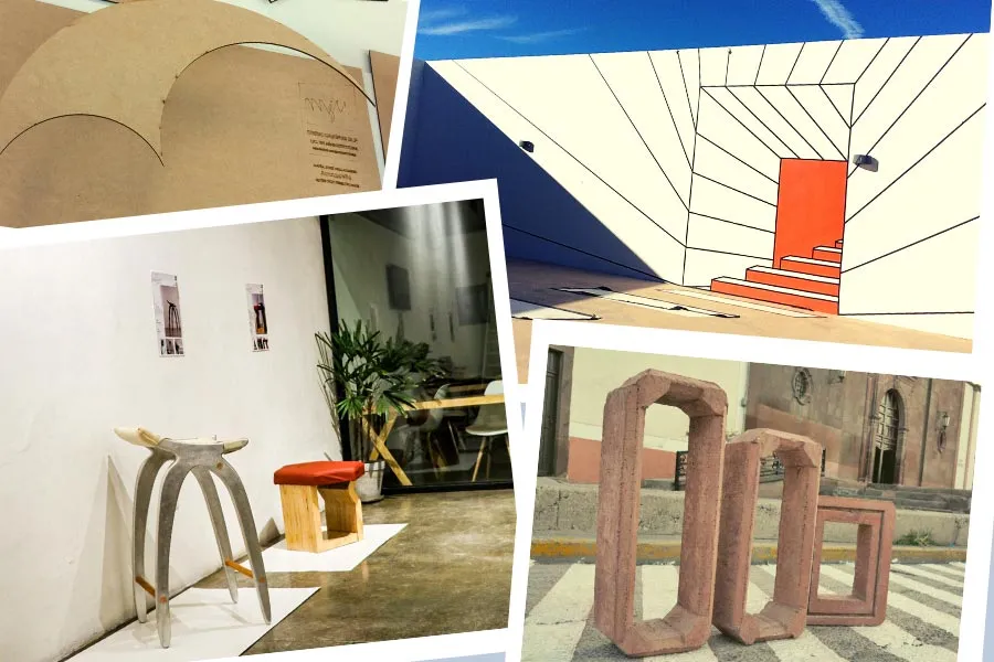 Collage de proyectos elaborados: modelos de sillas, diseño de estructuras, tape art, bloques Cemex