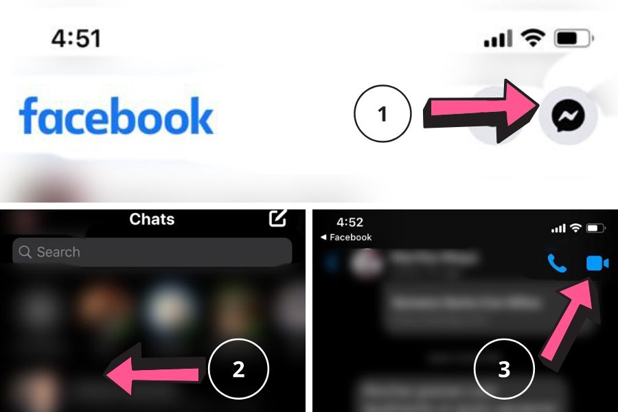 Pantallas de Facebook explicando los pasos para realizar videollamadas