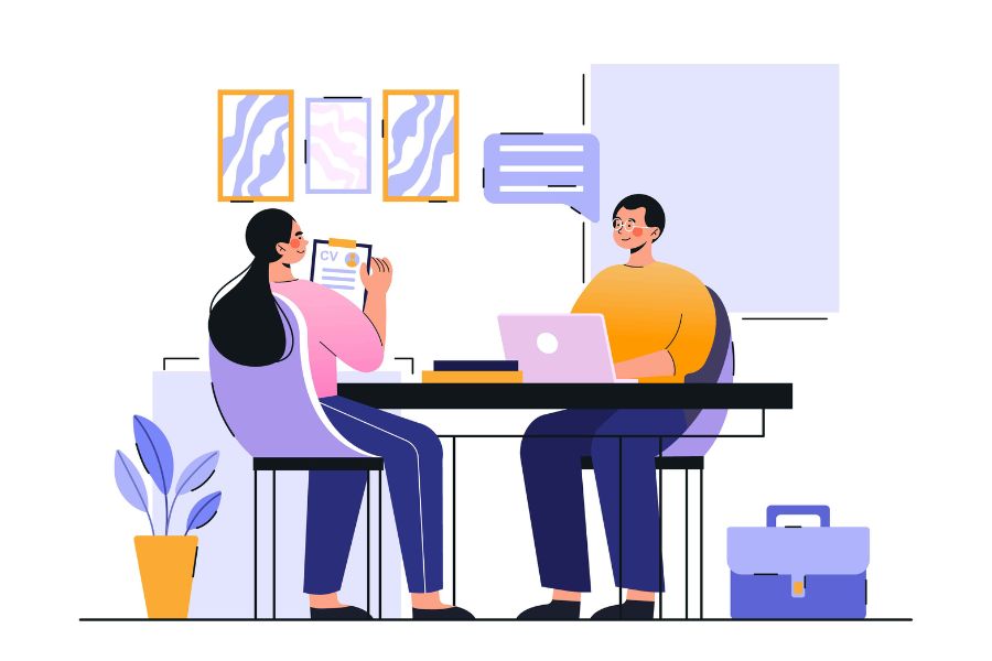 Ilustraci&oacute;n de joven con su CV en mano, consultando a un mentor estudiantil