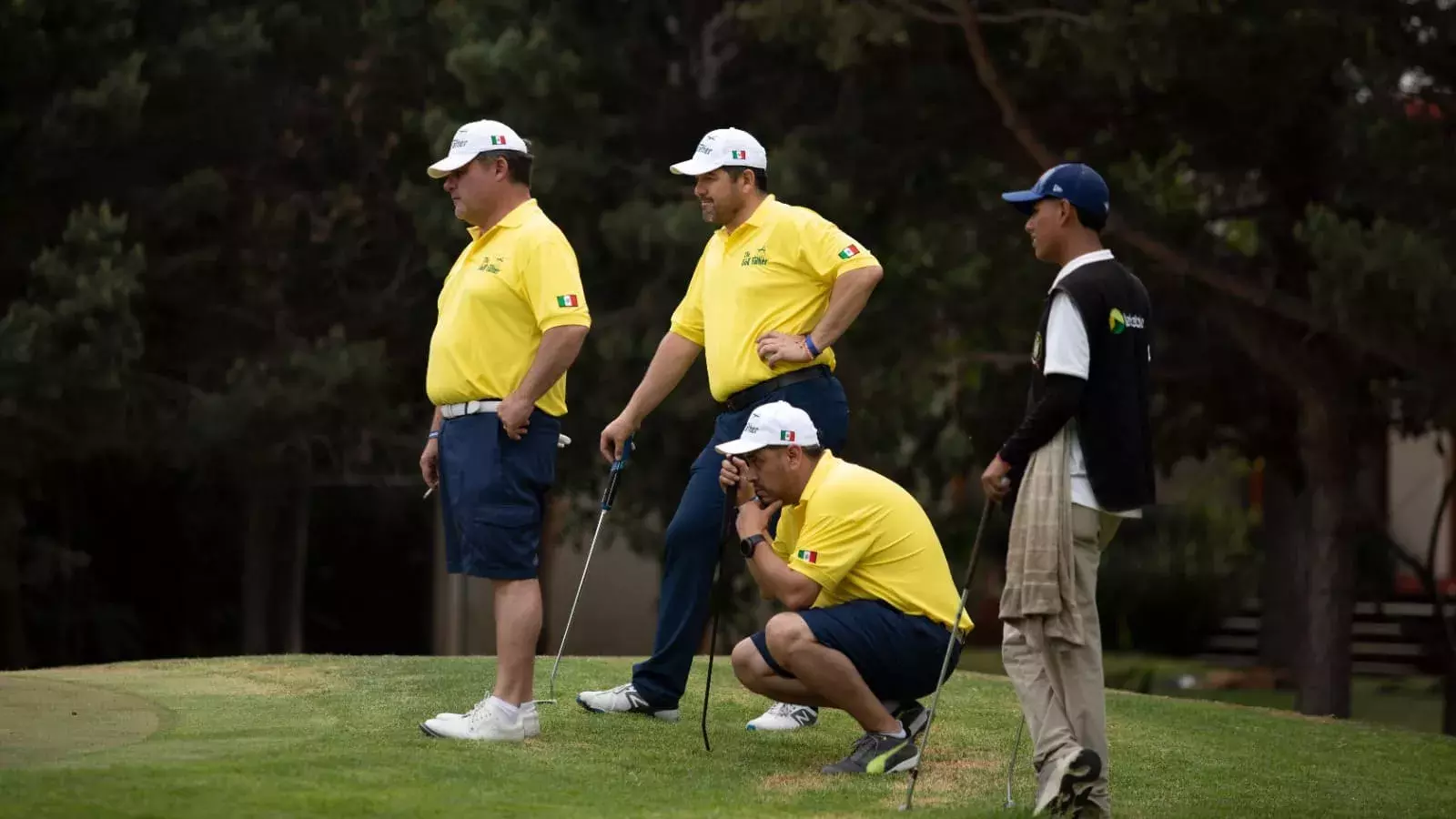 Jugadores, uno incado, viendo a otros golfistas