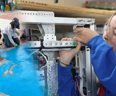 Integrante de VOLTEC trabaja en el robot; en otra fotografía los integrantes pintan espacios en escuelas.