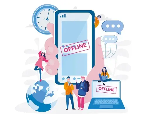 Ilustración donde sobresale una mano que sostiene un celular, con la frase Offline, para acentuar la necesidad de un detox digital
