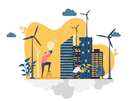 Ilustración de dos jóvenes en una ciudad sustentable, con uso de energía eólica