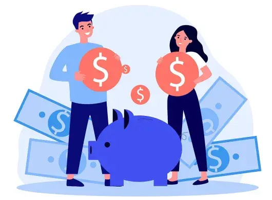 Ilustración de un chico y una chica, con billetes alrededor y una alcancía, para conceptualizar la independencia financiera