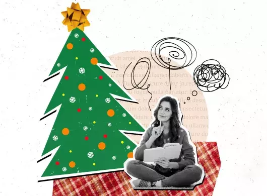 Ilustración de chica joven pensativa, dentro de una esfera de navidad, con personas a su alrededor celebrando la época decembrina, concepto de cuidado de salud mental en navidad