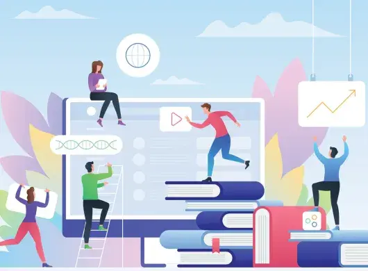 Ilustración de mujer joven tomando un curso en línea