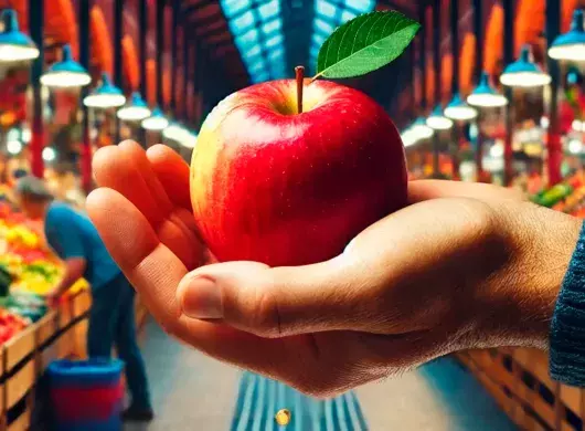 Manzana en palma de mano y de fondo un mercado