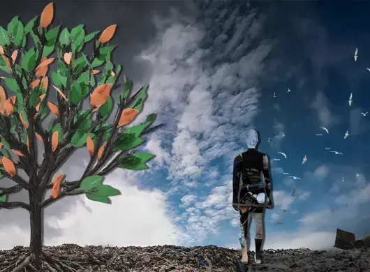 Obra titulada Human Trash que representa una figura humana hecha de residuos caminando entre basura hacia un cielo azul, junto a un árbol de hojas plásticas.