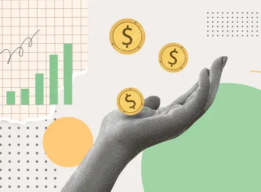 Imagen conceptual con gráficas y una mano recibiendo monedas
