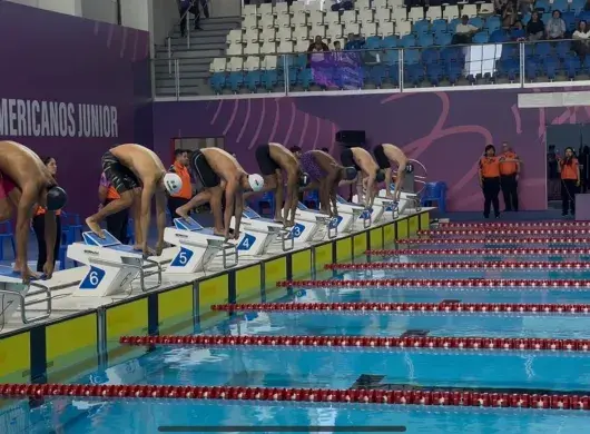 Competidores de natación preparandose para iniciar la carrera.
