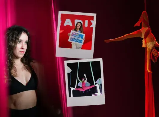 Collage de fotos: a la izquierda una joven entre telas, a la derecha la misma joven colgada de cabeza de una tela y al medio dos fotos de la chica recibiendo reconocimientos. 