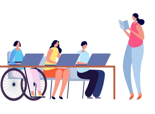 Ilustración de una maestra y tres jóvenes en clase, uno de ellos en silla de ruedas