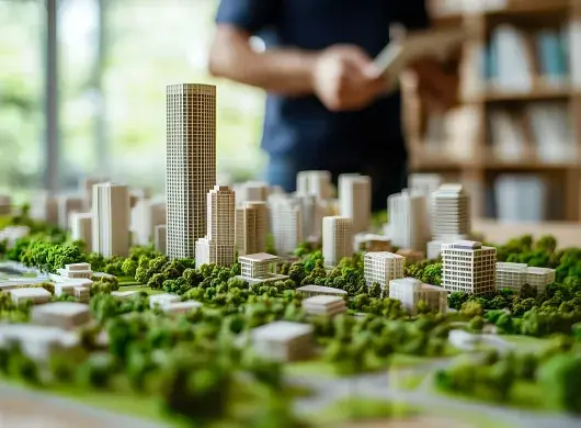 Maqueta de un desarrollo urbano en un entorno arbolado y biodiverso