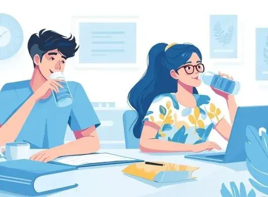 Ilustración de un chico y una chica, que son estudiantes, y están bebiendo agua
