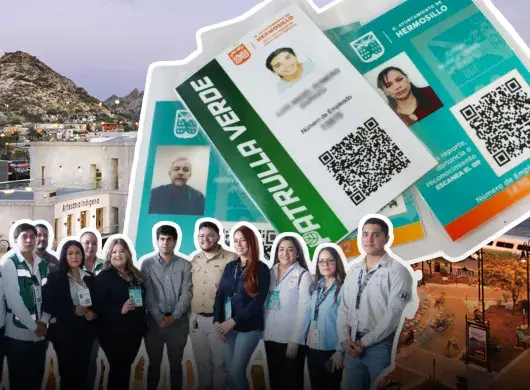 Montaje de un grupo de personas y credenciales de identificación sobre un fondo del Cerro de la Campana de Hermosillo, Sonora.