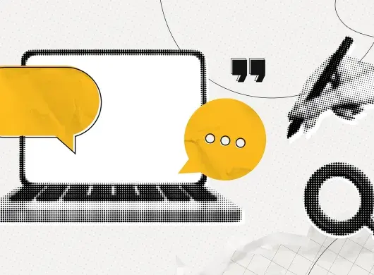 computadora, búsqueda y mano con pluma escribiendo