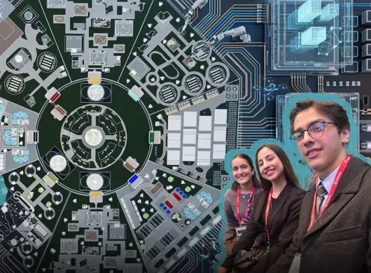 Imagen de un plano de una ciudad futurista con una imagen de estudiantes sobrepuesta.