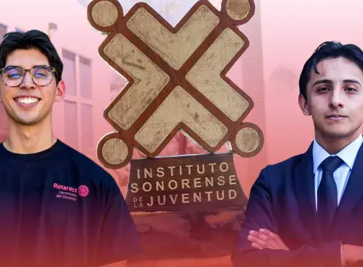 Motanje de fotos de dos jóvenes sonorenses frente a la imagen de un trofeo.