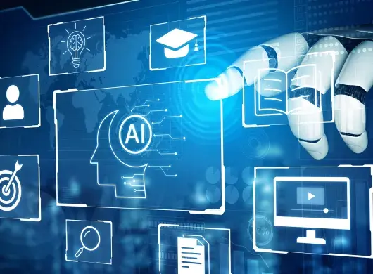 Ilustración, mano de robot señalando ventanas de tecnología