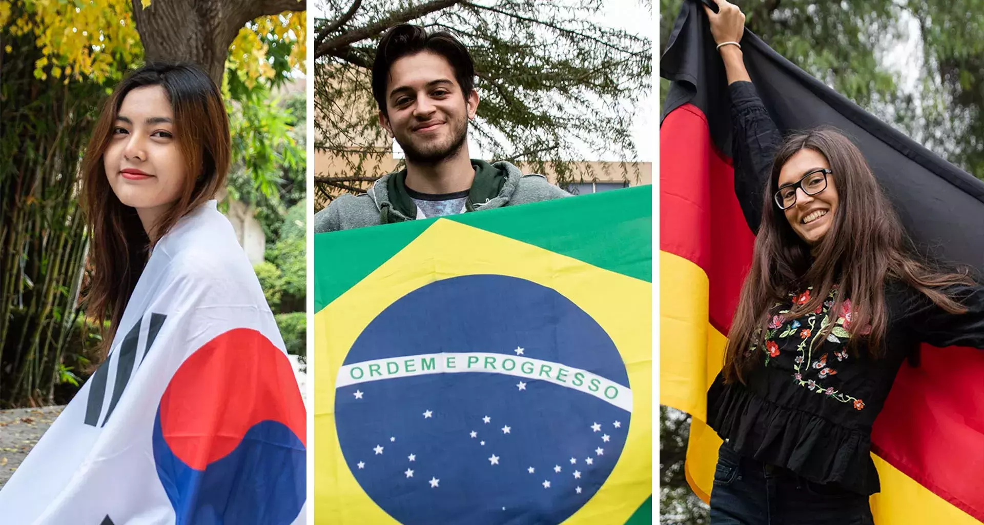 Suyeon, Paulo y Eleftheria con la bandera de su país