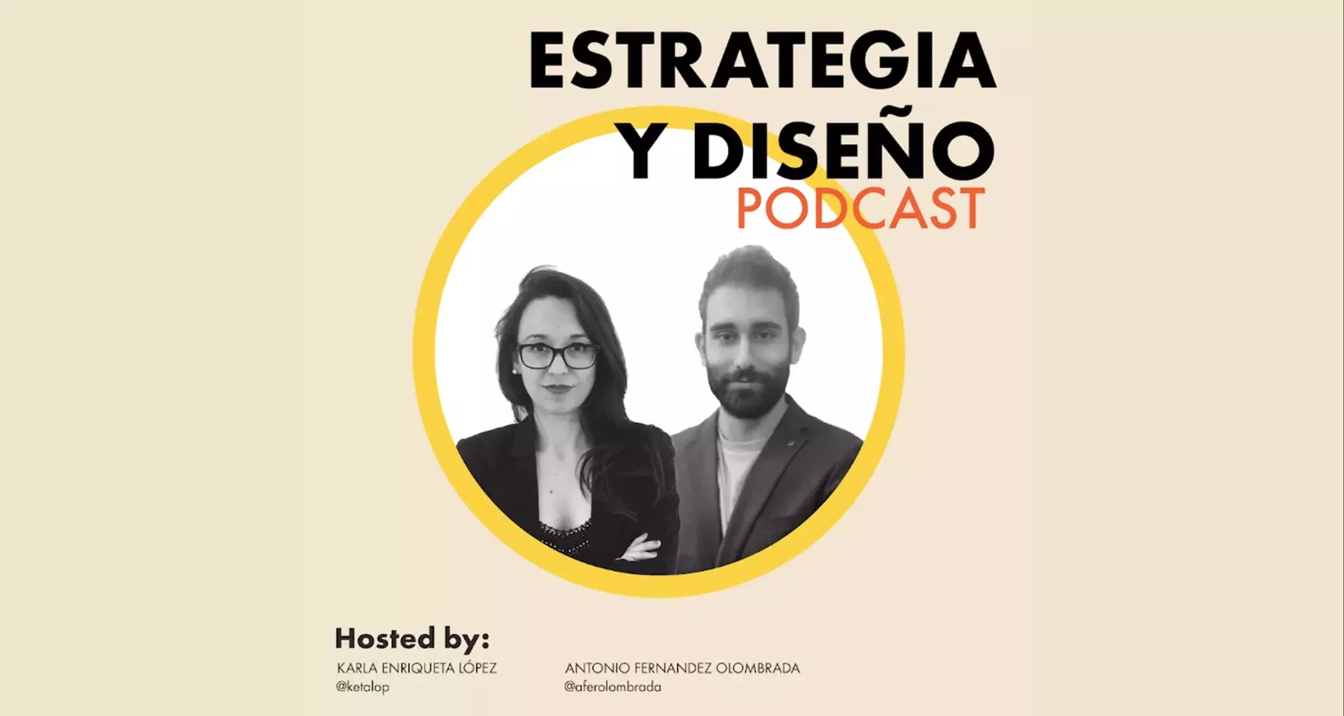 Portada del podcast: Estrategia y Diseño con la imagen de Karla López y Antonio Olombrada