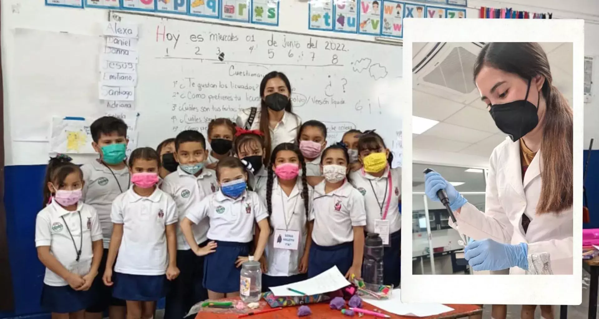 Maria guadalupe con un grupo de niños y preparando la bebida bioshake