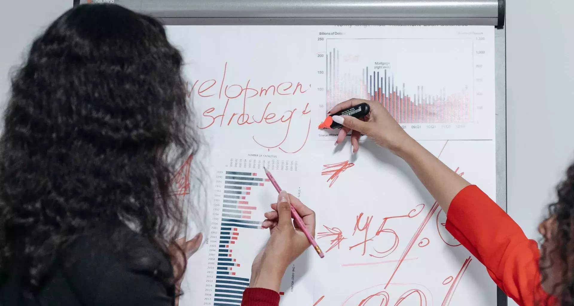 Mujer explicando una situación con diagramas