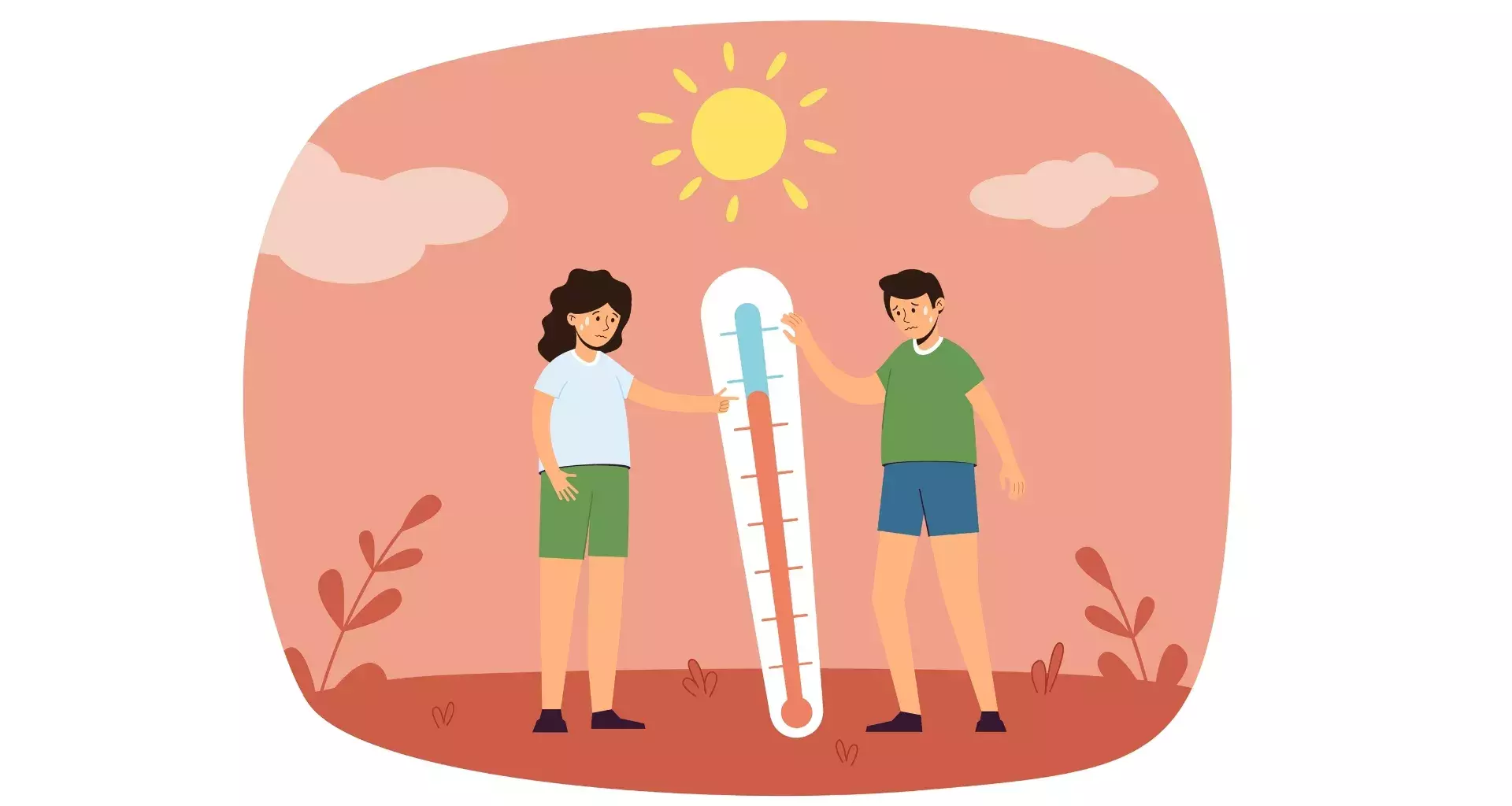 Ilustración de dos jóvenes bajo el sol, con un termómetro que da referencia a una alta temperatura