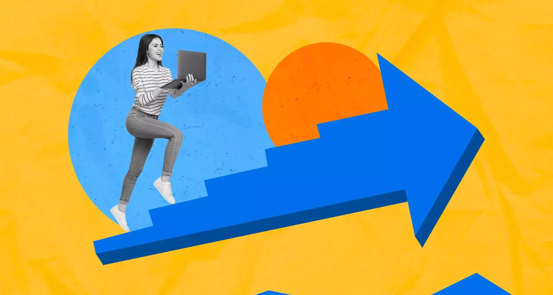 Collage de mujer joven con computadora en mano, subiendo escaleras que están ilustradas